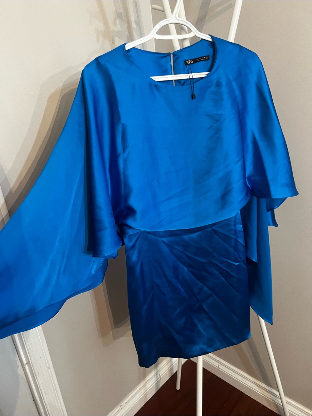Zara Bright Blue Satin Mini Dress with Cape Sleeves - Picture 6 of 9